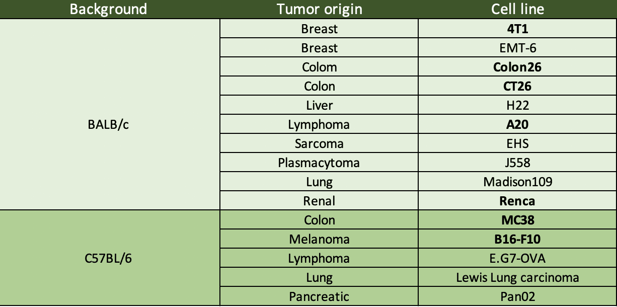 Examples of mouse cell lines used in syngeneic models