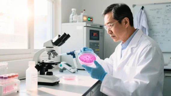 Scientist performing cell culture under sterile lab conditions, evaluating cell viability and confluency in a petri dish; image represents best practices in cell culture, critical parameters like pH and endotoxin levels in FBS, and techniques for maintaining healthy mammalian cells with optimized seeding density, research reproducibility, and mycoplasma testing protocols.