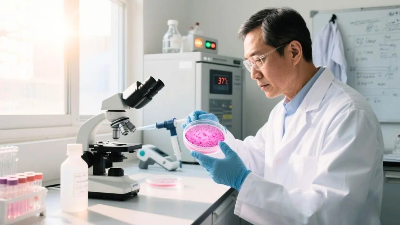 Scientist performing cell culture under sterile lab conditions, evaluating cell viability and confluency in a petri dish; image represents best practices in cell culture, critical parameters like pH and endotoxin levels in FBS, and techniques for maintaining healthy mammalian cells with optimized seeding density, research reproducibility, and mycoplasma testing protocols.