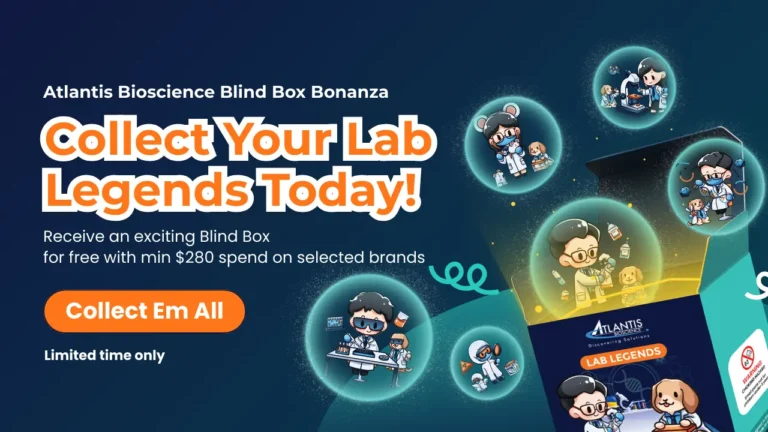 Lab giveaway promo by Atlantis Bioscience featuring blind box rewards and referral bonus for scientists.