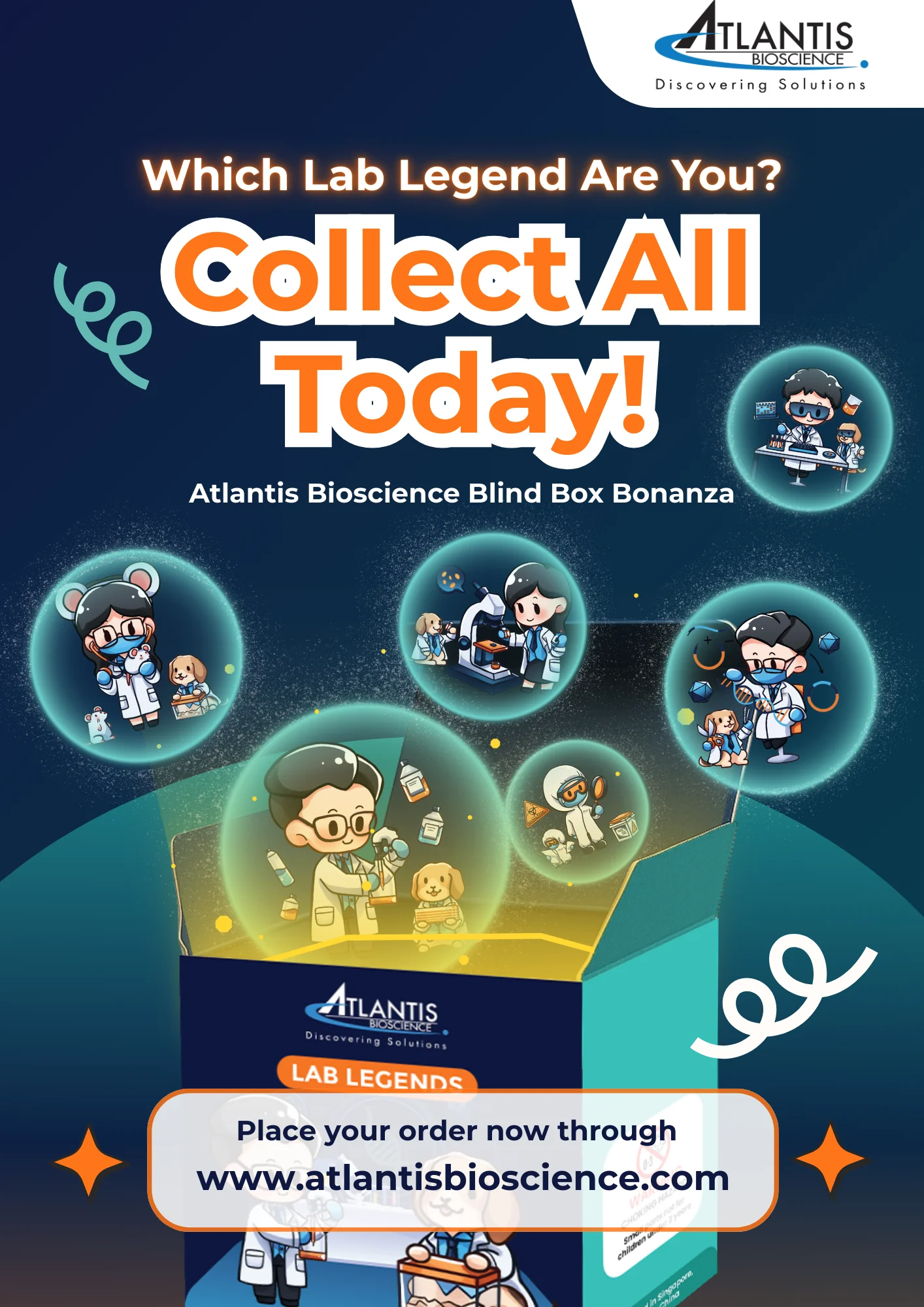Promotional poster for Atlantis Bioscience Blind Box Bonanza featuring collectible lab characters and call to action to order online.