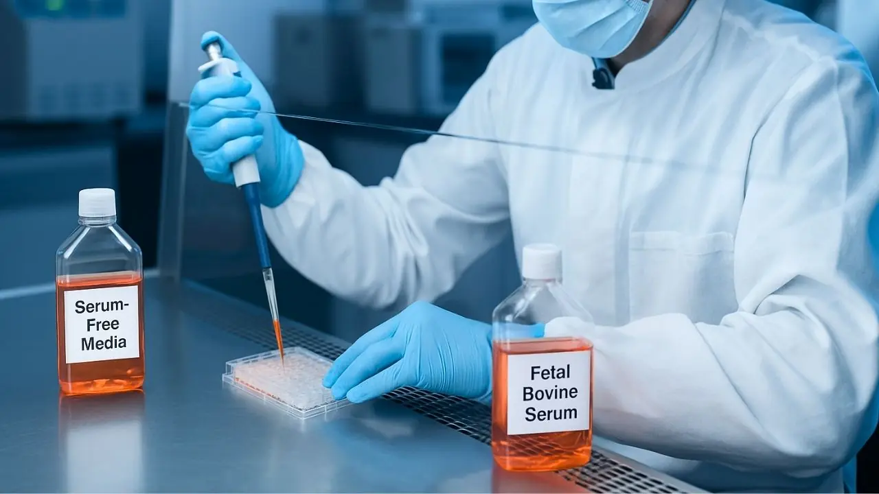 Scientist in a sterile lab pipetting cell culture media with labeled bottles of serum-free media and fetal bovine serum on the workbench.