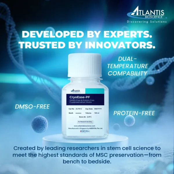 Image showing CryoEase-PF bottle with DMSO-free and protein-free tags, designed for dual-temperature compatibility and developed by stem cell researchers for bench-to-bedside use.