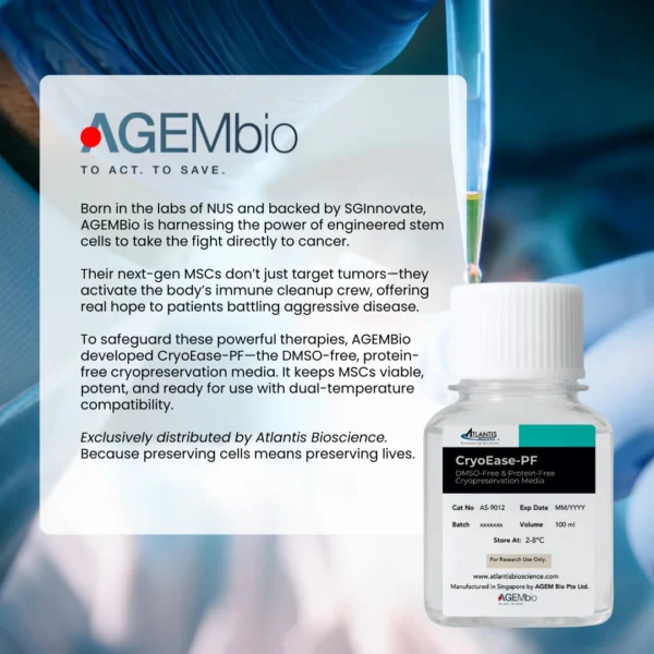 Text introduction to AGEMbio's mission and how CryoEase-PF preserves next-gen MSCs for cancer therapy; includes bottle image and background of pipette in lab.