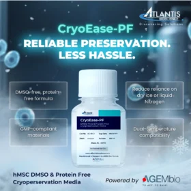 Product image of CryoEase-PF with text highlighting DMSO-free, protein-free formula, GMP-compliant materials, dual-temperature compatibility, and reduced reliance on dry ice or nitrogen.