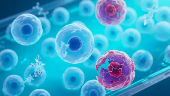 Microscopy-style digital illustration showing mesenchymal stem cells (MSCs) during cryopreservation. Image features healthy blue-glowing MSCs and several damaged cells with cracked membranes and intracellular ice crystals, symbolizing DMSO and protein-induced cryoinjury. Visual representation supports content on DMSO cryopreservation risks and alternatives in cell and gene therapy.