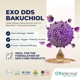 EXO DDS Bakuchiol product infographic highlighting 1% Bakuchiol with avocado exosome, dermatology tested, vegan-friendly, and clinically proven for skin care formulations.