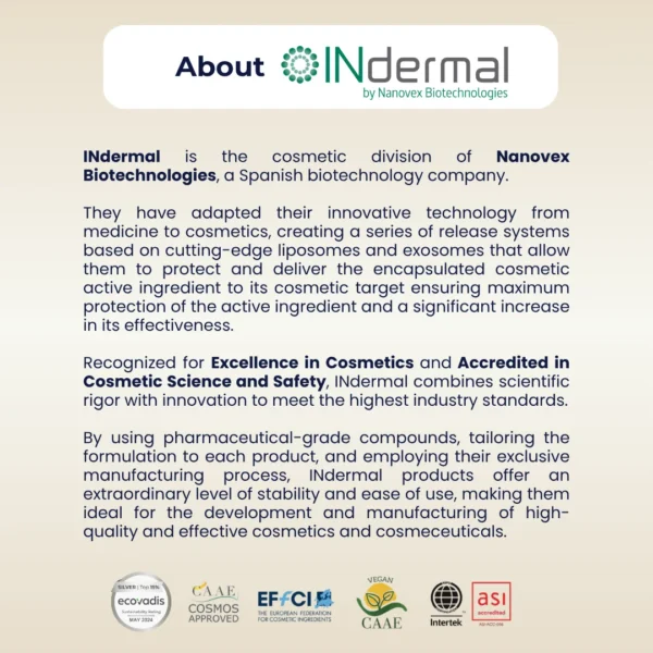 Company profile of INdermal, the cosmetic division of Nanovex Biotechnologies, recognized for excellence in cosmetics and accredited in cosmetic science and safety.