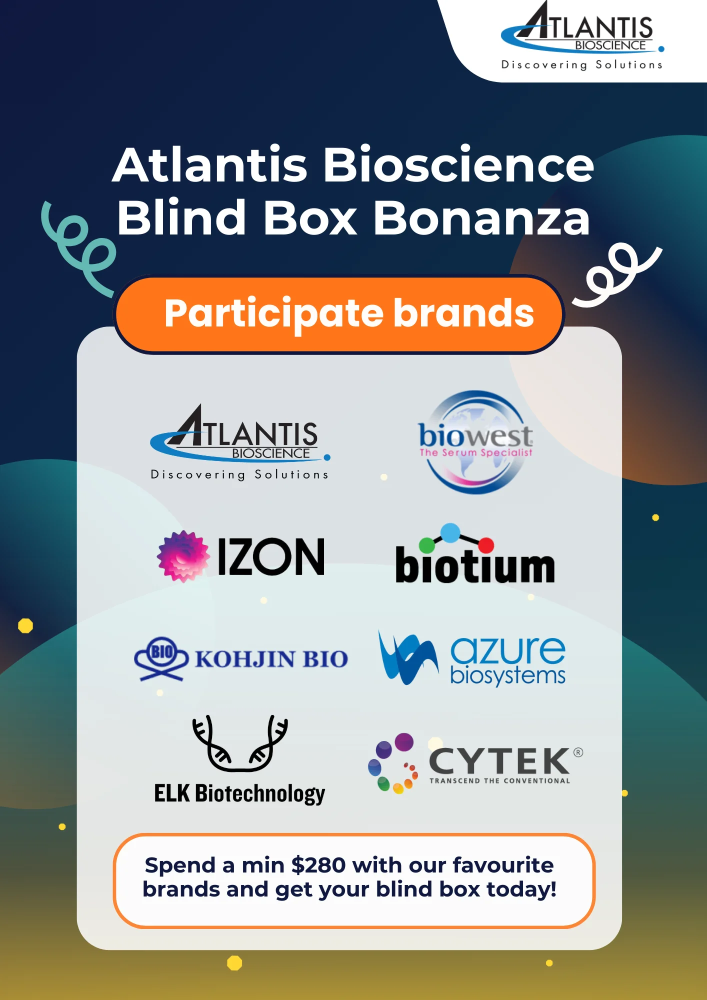 Atlantis Bioscience Blind Box Bonanza poster with logos of participating lab brands and $280 spend promotion for free blind box.