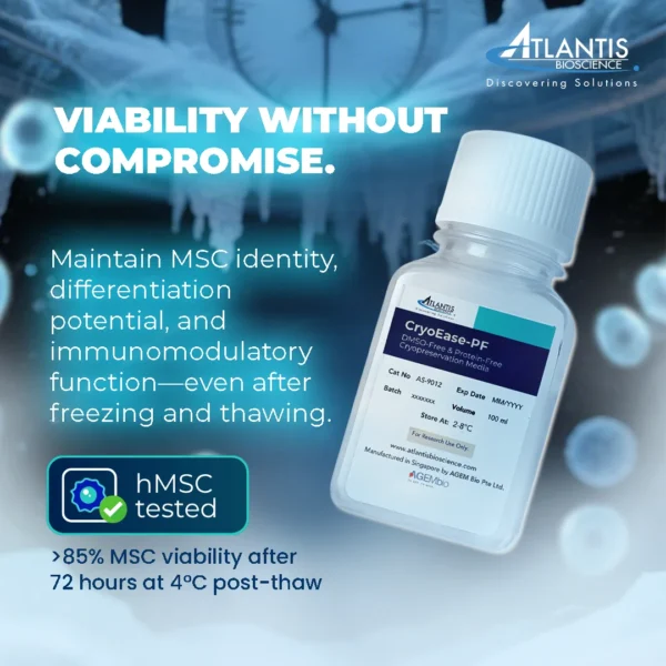 Promotional image of CryoEase-PF bottle with text stating over 85% viability of MSCs after 72 hours at 4°C, emphasizing preservation of stem cell identity and function post-thaw.
