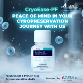 Product image of CryoEase-PF with text highlighting DMSO-free, protein-free formula, GMP-compliant materials, dual-temperature compatibility, and reduced reliance on dry ice or nitrogen.