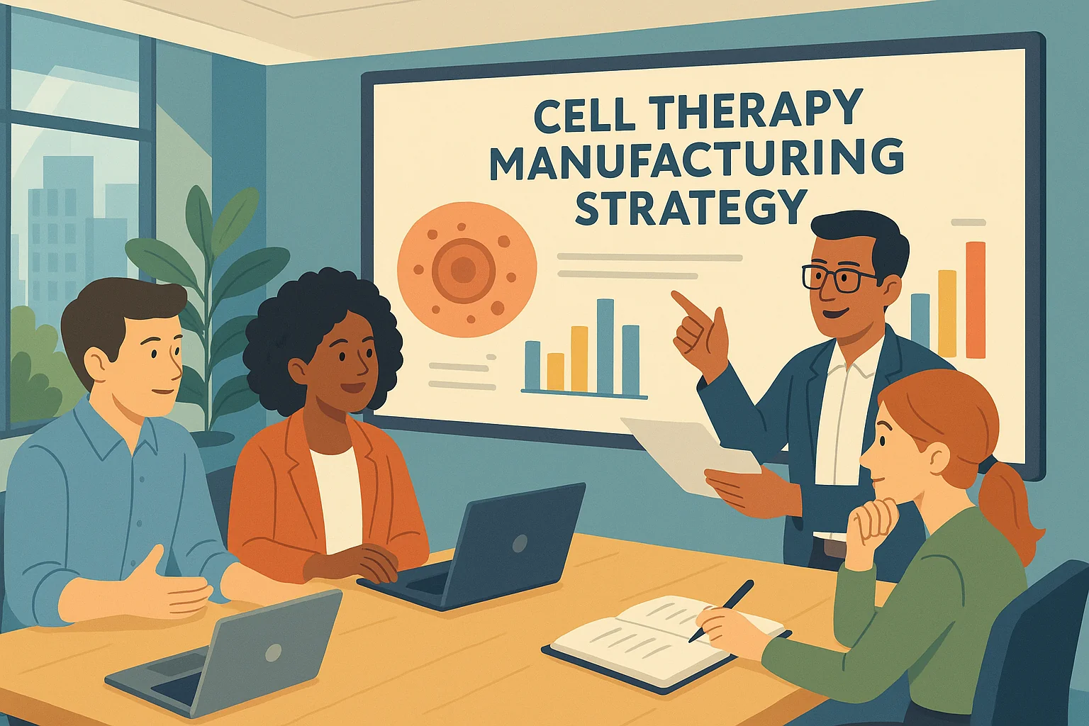 startup team discussing cell therapy manufacturing strategy, modern office, collaborative atmosphere