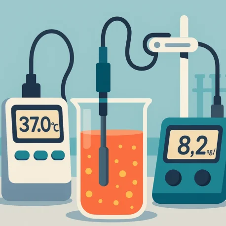 laboratory equipment measuring temperature pH dissolved oxygen in cell culture, precise instruments, clinical setting