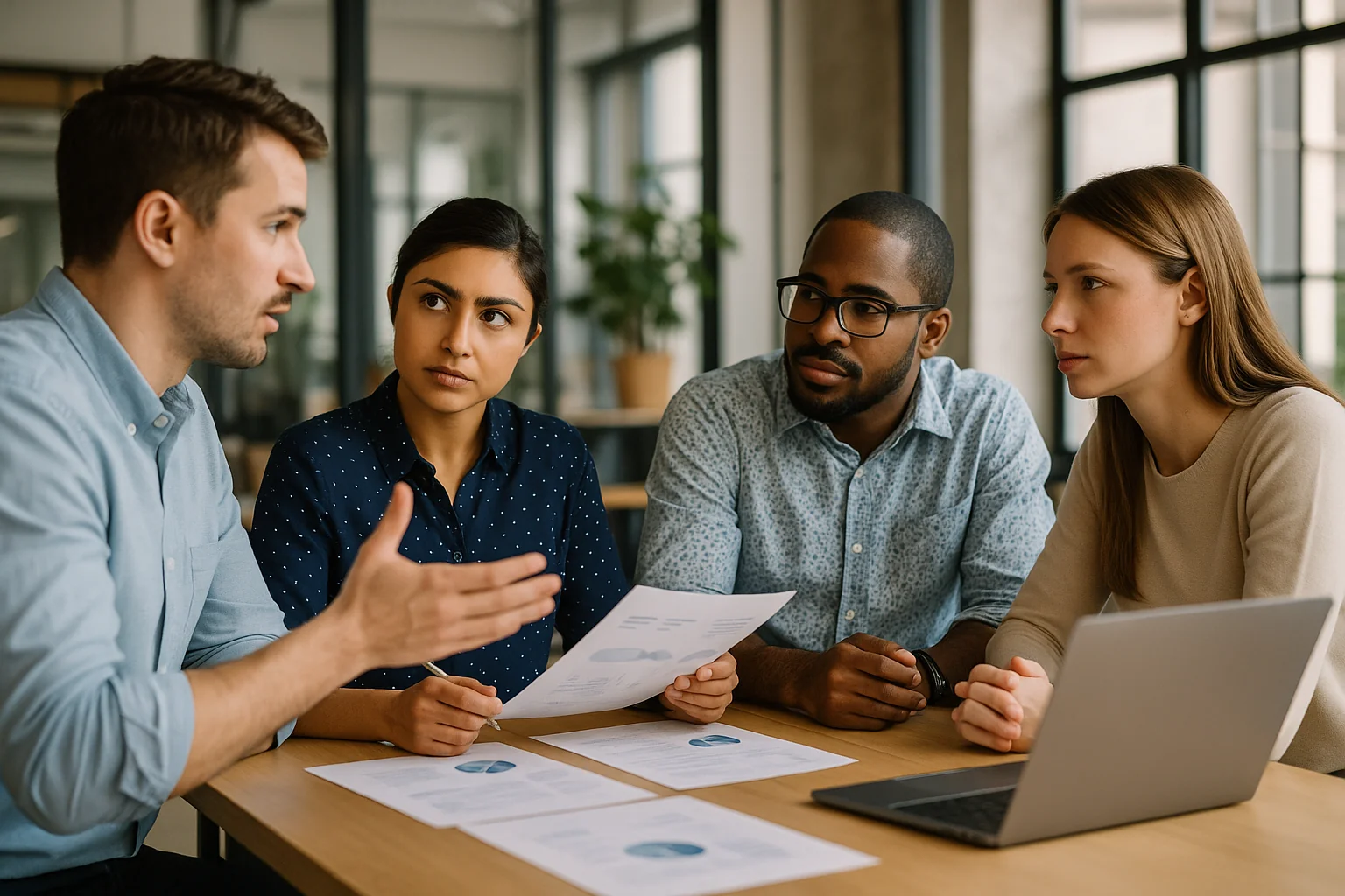 a blog cover shows a photograph of startup team discussing cell therapy manufacturing strategy, modern office, collaborative atmosphere