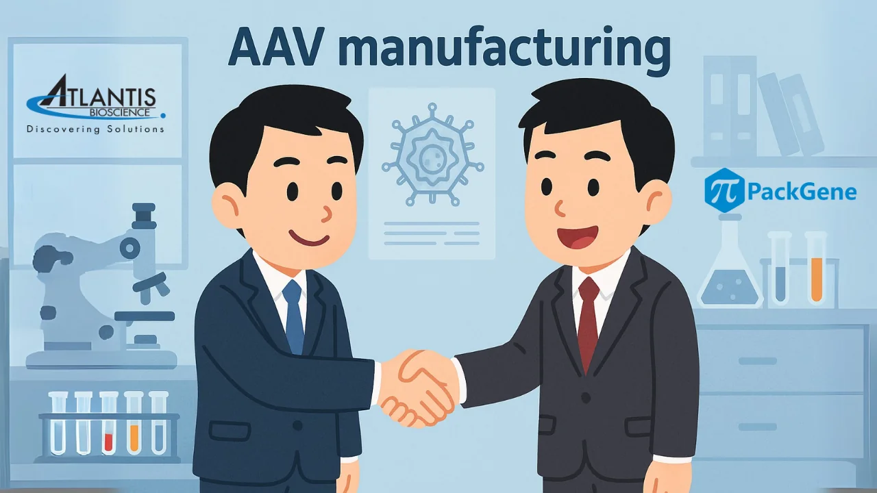 an flat illustration of atlantis bioscience is building partnership collaboration with Packgene as an AAV manufacturing partner
