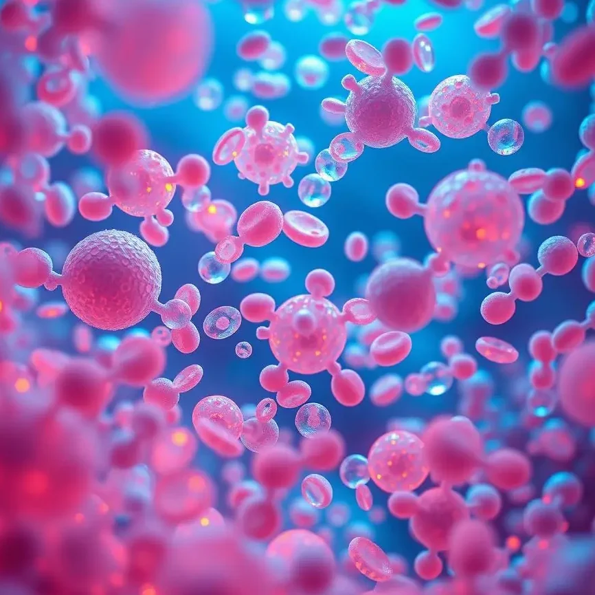 microscopic view of healthy human cells in a bioreactor, vibrant and active, with glowing critical process parameters highlighted, scientific, high-tech, clean laboratory environment