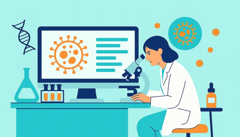 Flat-style illustration of a female scientist analysing exosomes using a microscope in a laboratory, with a computer screen displaying an exosome diagram and various lab tools surrounding her.