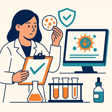 Flat-style illustration of a female scientist performing quality control on exosome-based therapeutics, holding a petri dish and checklist in a laboratory equipped with test tubes, a monitor displaying an exosome, and a safety verification icon.