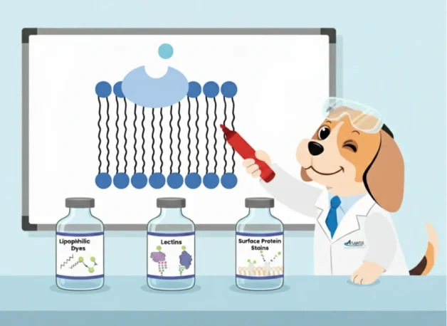 a illustration of Dr Sushi dressed in a tiny lab coat and safety goggles, standing at a brightly lit lab bench. In front of him are three oversized “stain bottles” labeled Lipophilic Dyes, Lectins, and Surface Protein Stains. Behind Dr Sushi, a cartoon-style plasma membrane stretches across a whiteboard, where he’s drawing arrows showing how each stain works—lipophilic dyes slipping into the bilayer, lectins binding sugars, and protein stains attaching fluorophores. 
