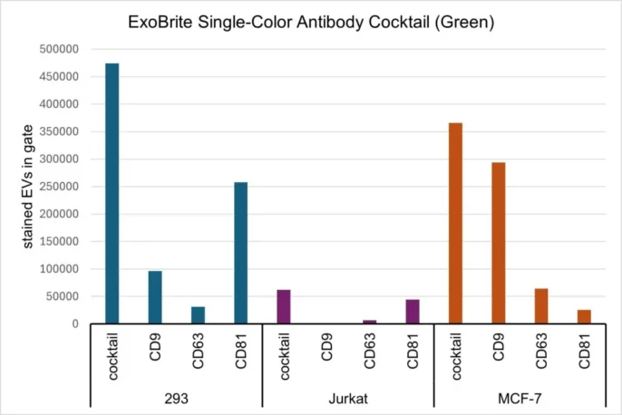 SEC-purified EVs derived from three different cell lines (HEK 293, Jurkat, and MCF-7) were stained with ExoBrite™ CD9/CD63/CD81 Single-Color Antibody Cocktail (Green) or each of the individual ExoBrite™ 490/515 tetraspanin antibody conjugates. The graph shows that there was an additive effect of the cocktail in each of the EV samples, and that each EV type has a different ratio of the three tetraspanin proteins. Staining was detected in the B525 (FITC) channel.