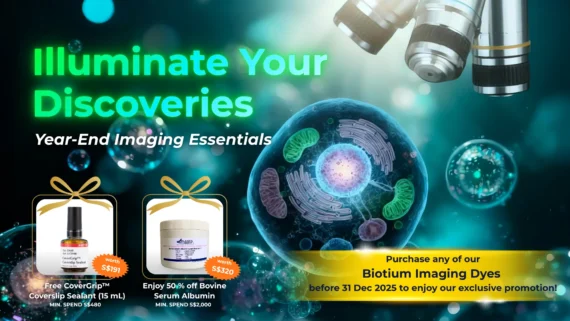 Promotional banner for Atlantis Bioscience’s “Illuminate Your Discoveries: Year-End Imaging Essentials” campaign. Features Biotium imaging dyes with two highlighted offers: free CoverGrip™ Coverslip Sealant (15 mL, worth S$191) with a minimum spend of S$480, and 50 % off Atlantis Bioscience Bovine Serum Albumin (worth S$320) with a minimum spend of S$2000. Background shows glowing microscopic cells under fluorescence with teal and blue tones. Text reads: “With any purchase of our Biotium Imaging Dyes before 31 Dec 2025!”