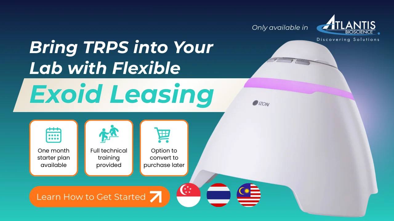 A promotional poster for the Exoid Leasing Programme by Atlantis Bioscience, featuring the Izon Exoid TRPS instrument on the right with a purple LED band. The headline reads “Bring TRPS into Your Lab with Flexible Exoid Leasing”. Three icons highlight key benefits: one month starter plan, full technical training and option to convert to purchase later. A call to action button says “Learn How to Get Started”. Flags of Singapore, Thailand and Malaysia indicate regional availability.