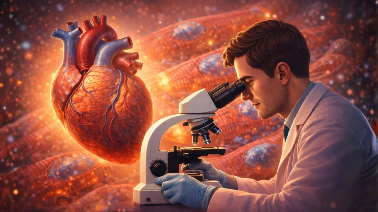 Scientist observing heart cells under microscope