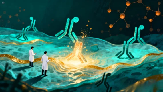 an editorial scientific illustration showing a magnified cross-section of biological tissue in deep teal and emerald tones, viewed like a glowing landscape. Emerging from the tissue surface are several luminous antibody-shaped protein structures, each with a long vertical stem and two short angled arms at the top, clearly recognisable as classic antibody silhouettes. One central antibody emits warm golden light, with small glowing particles spreading outward and attaching across the tissue surface to represent signal amplification. Soft golden wave patterns ripple across the tissue, suggesting molecular activation. Two researchers in white lab coats stand on the tissue surface observing the glowing antibodies, adding scale and narrative context. In the background, subtle molecular network constellations float in warm amber light.