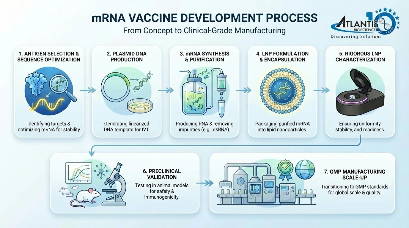 mRNA vaccine development workflow showing antigen design, mRNA synthesis, LNP formulation, Pulsoid LNP characterisation, preclinical validation and GMP manufacturing